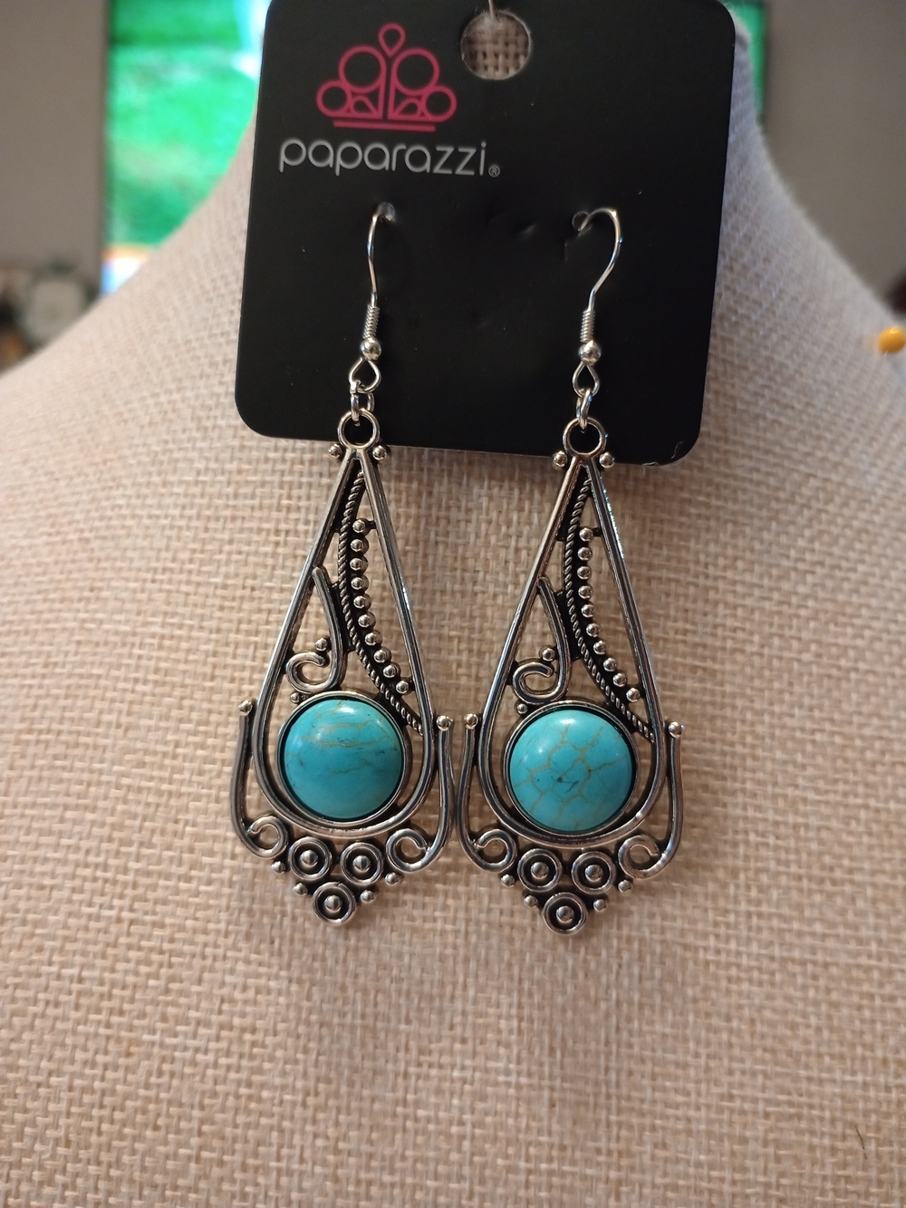 paparazzi Silver Filigree Teardrop Earrings with Turquoise Stones